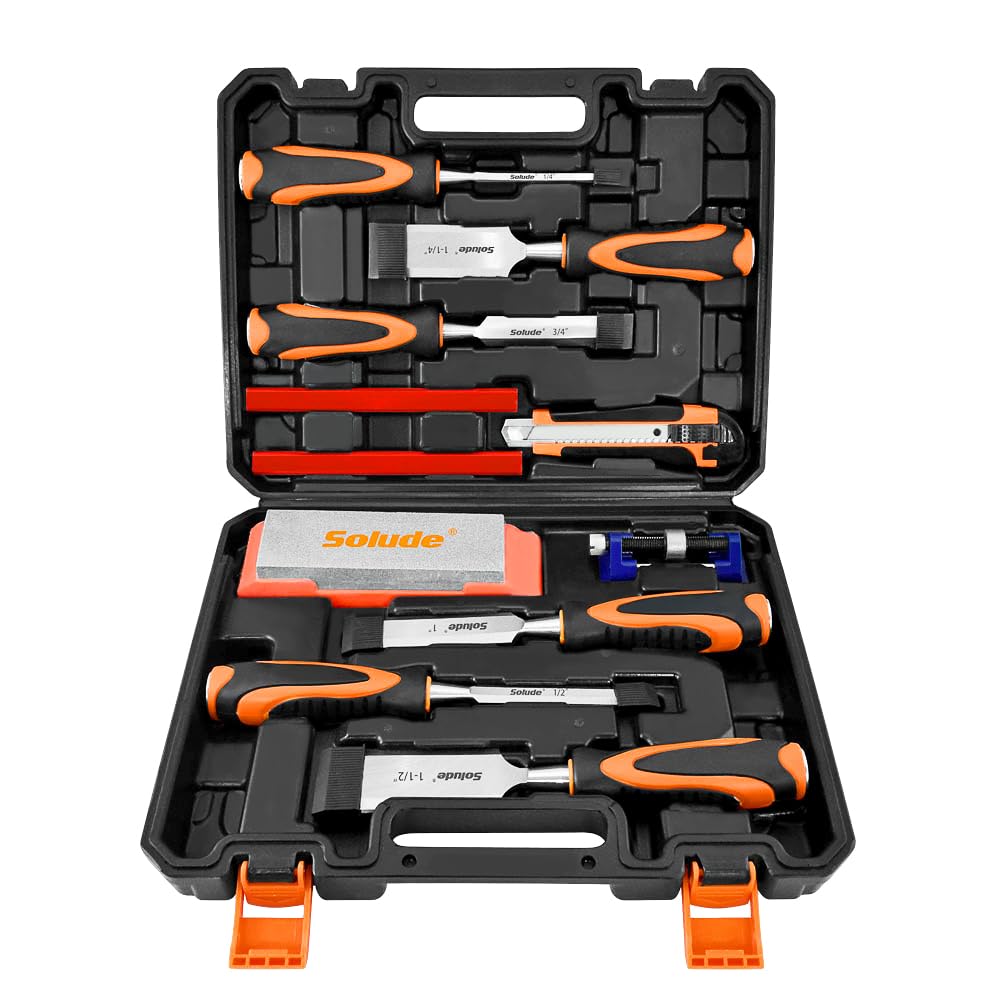SOLUDE 11Pcs Wood Carving Chisel Set,Heated Treated Cr-V Woodworking Chisels Tool Kit with Sharpening Stone,Honing Guide,Carpenter Pencils SOLUDE