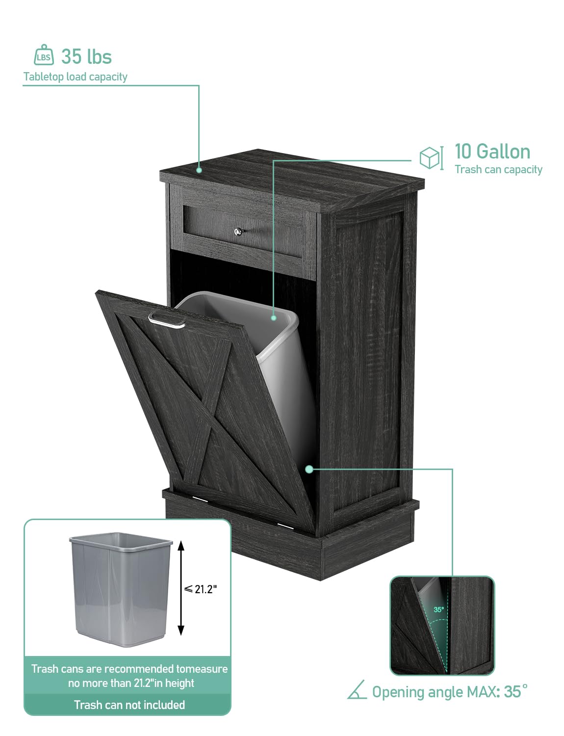 TOLEAD Tilt Out Trash Cabinet,Antique-Style Barn Door Kitchen Island with Solid Wood Tabletop & Drawer, Pet Proof Trash Can, Wood Laundry Cabinet(Oak Grey) TOLEAD