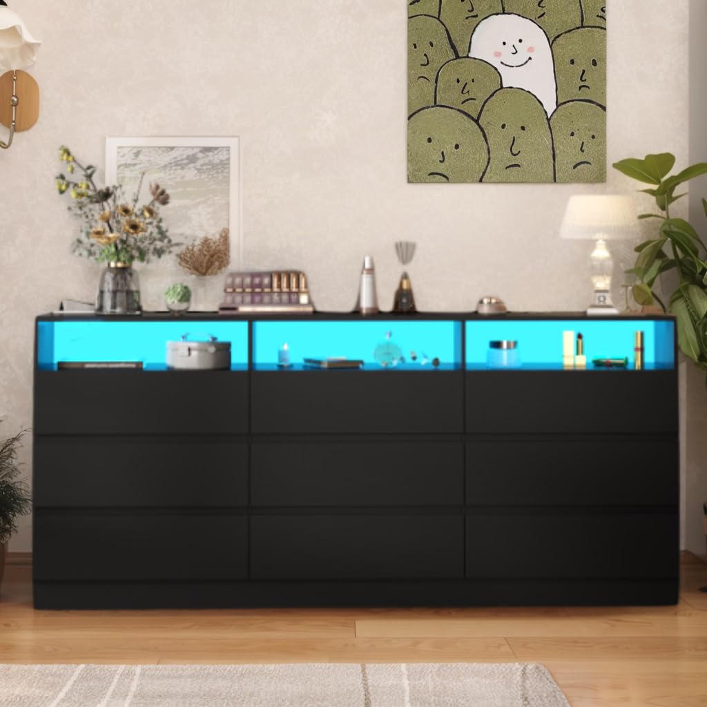 Auromie 9 Drawers Dresser, Double Modern Chest of Drawers with Power Outlet, Dresser TV Stand with Led Light Strip, Drawer Organizer for Bedroom, Living Room, Hallway (Dark Black, 9 Drawer) Auromie