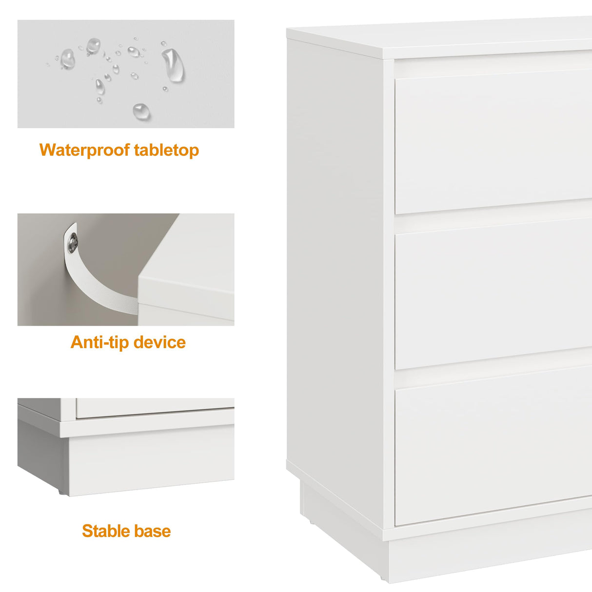 RoyalCraft Wide Nightstand with 3 Drawers, White Nightstand for Bedroom, Large End Table Bedside Table for Home and Office RoyalCraft