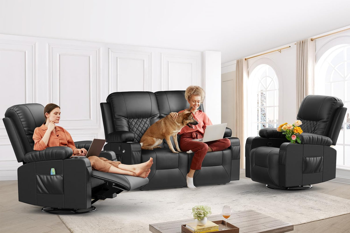FURNIMAT Loveseat Recliner Sofa Set with 2+1+1 Pieces in Living Room, 2 Seater Reclining Loveseat Leather, 2 Recliner Chairs with 360 Degree Swivel Single Sofa Seat FURNIMAT