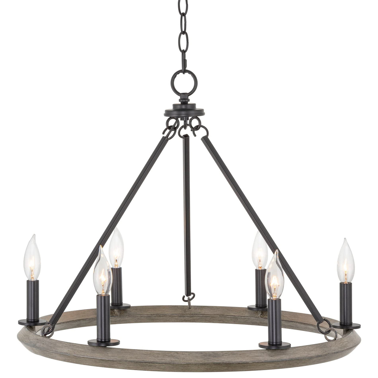 Kira Home Jericho 24" 6-Light Industrial Rustic Farmhouse Wagon Wheel Chandelier, Round Kitchen Island Light, Black + Gray Oak Wood Finish Kira Home