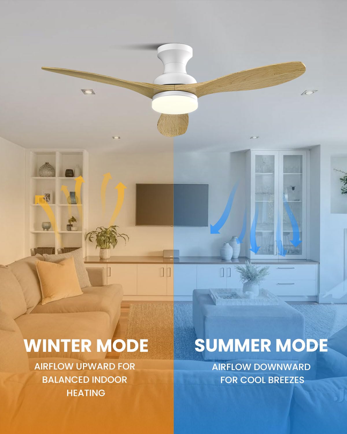 Frstem Leah 52" Solid Wood Ceiling Fan with Light & Remote Control, Flush Mount 3 Blades 6-Speed Ceiling Fan Fixture, Low Profile for Kitchen Bedroom Living Room Indoor (Natural Wood Color & White) Frstem