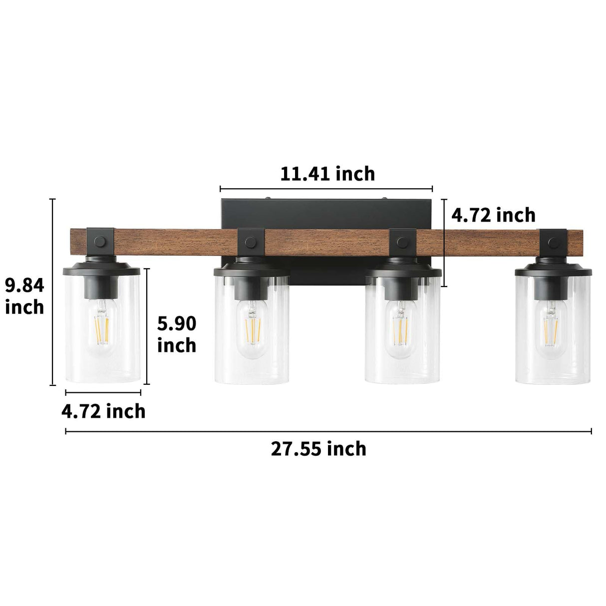 Bathroom Vanity Light Fixtures 4 Lights, Wooden Farmhouse Vanity Lights Rustic Bathroom Lights Over Mirror with Clear Glass Shade Black Industrial Wall Sconce for Bathroom Bedroom Hallway Kitchen GoYeel