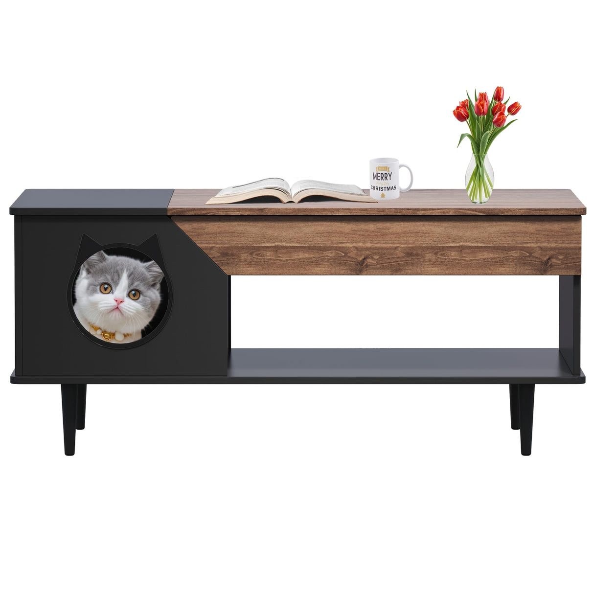 GarveeLife 45 in Black Coffee Table Cat Tables Living Room with Storage Drawer, Wooden Rustic Coffee Tables with Cat House, Hidden Kitty Food Table Litter Box Furniture Retro Color GarveeLife