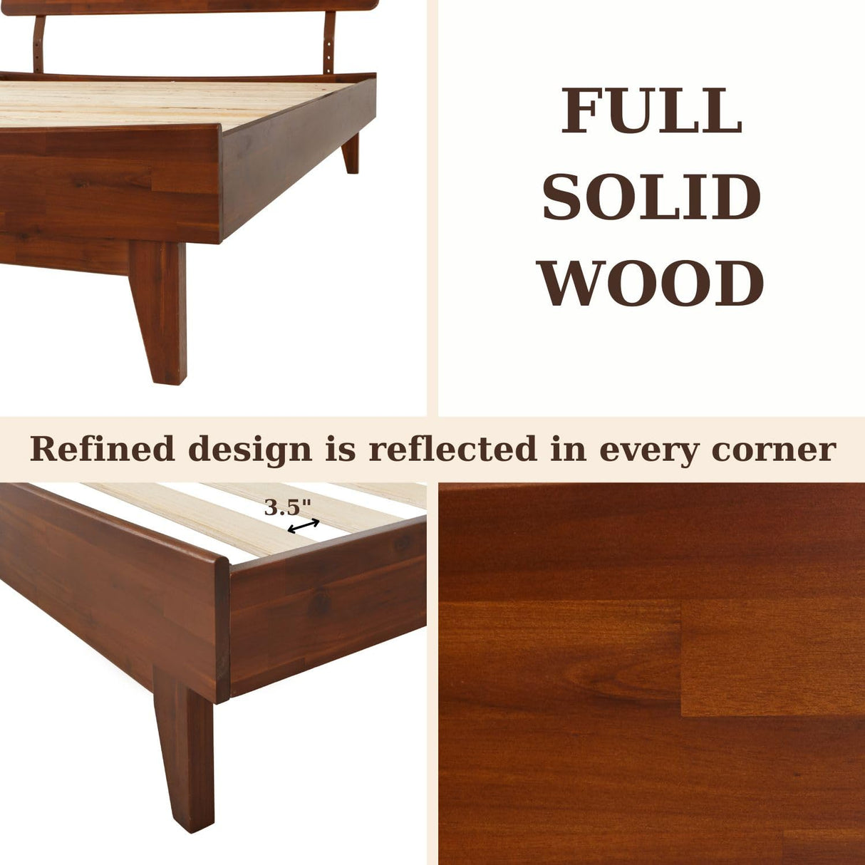 Bme Caden 15 Inch Adjustable Headboard Bed Frame - Mid Century Acacia Wood - No Box Spring Required - Dark Chocolate - Queen Size Bme