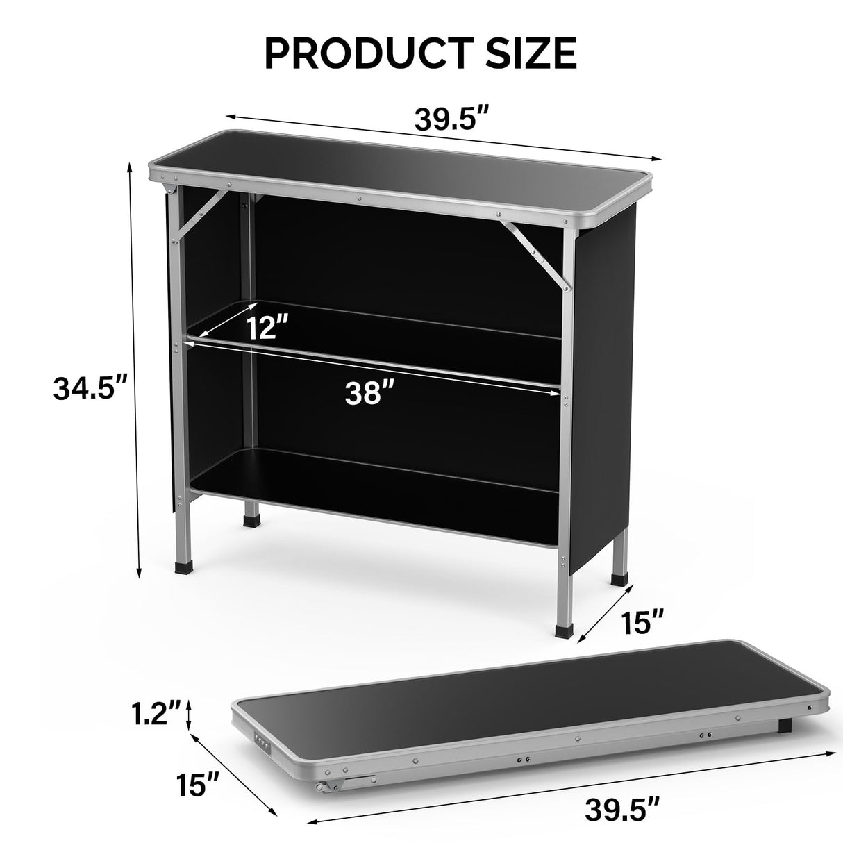 VINGLI Portable Bar Table, 3-Tier Shelves, Mobile Bar Table for Events, Party, Camping, Picnic, Tradeshow, Indoor with Black Skirt, 39 "L x 34" H VINGLI
