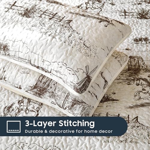 Wake In Cloud - Western Quilt Set, Rustic Ranch Life with Cowboy Southwestern Vintage Country Pattern Printed, Reversible Lightweight Bedspread Coverlet, 3 Pieces, Beige Brown, Twin/Twin XL Size Wake In Cloud