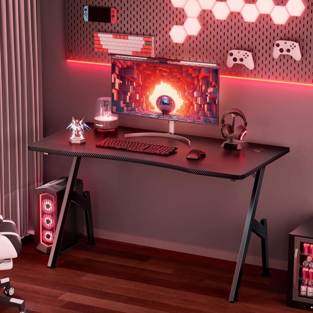HLDIRECT 40 Inch Gaming Desk with Carbon Fibre Surface- A Shape Large Computer Desk Gaming Table Ergonomic Pc Gaming Workstation Home Office Desks HLDIRECT