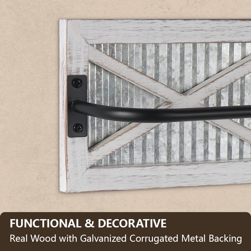 Butizone Bathroom Towel Rack, Rustic Towel Rack Wall Mounted, Small Farmhouse Bath Towel Storage Rack with Weathered Wood and Corrugated Galvanized Metal, for Hanging Towels and Hand towels, White Butizone