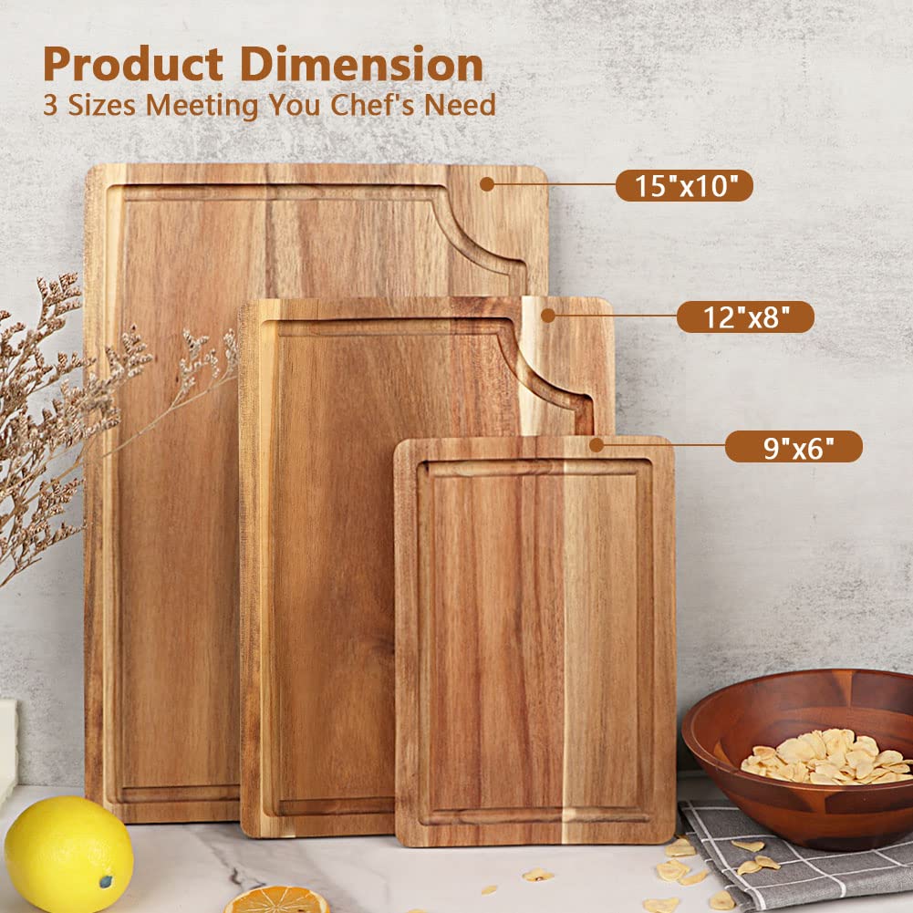 Acacia Wood Cutting Board Set with Juice Groove (3 Pieces), Organic Wooden Cutting Boards for kitchen, Butcher Block Cutting Board for Meat, Vegetable, Wooden Chopping Board 15x10, 12x8, 9x6 inch AIDEA