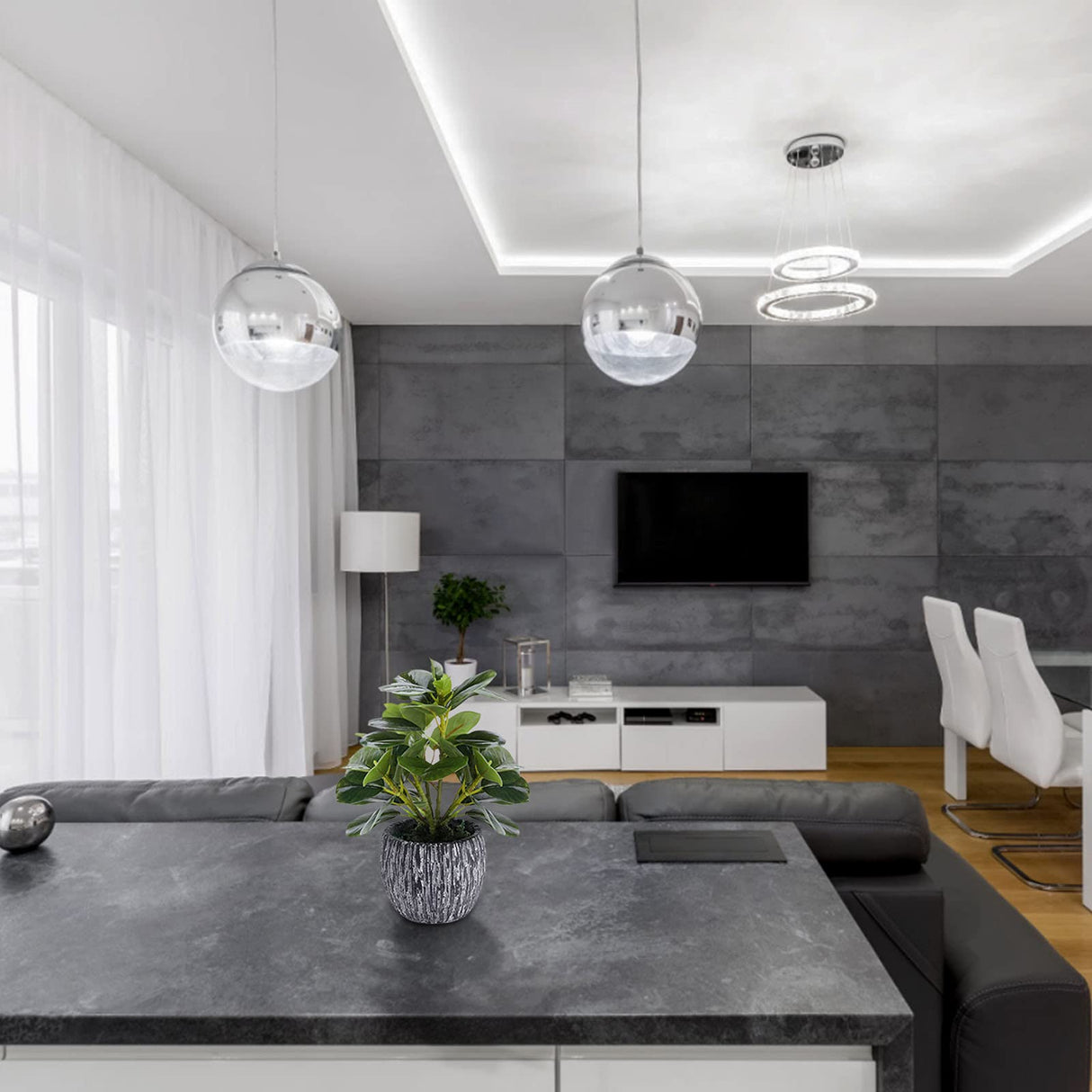 Artificial Potted Plant, Real Touch Artificial Oak Leaves Waterproof Fake Plants Indoor Outdoor, Eco Friendly Modern Concrete Greenery Plant Pots for Office Home Kitchen Shelf Farmhouse Decor SHOHAYTO