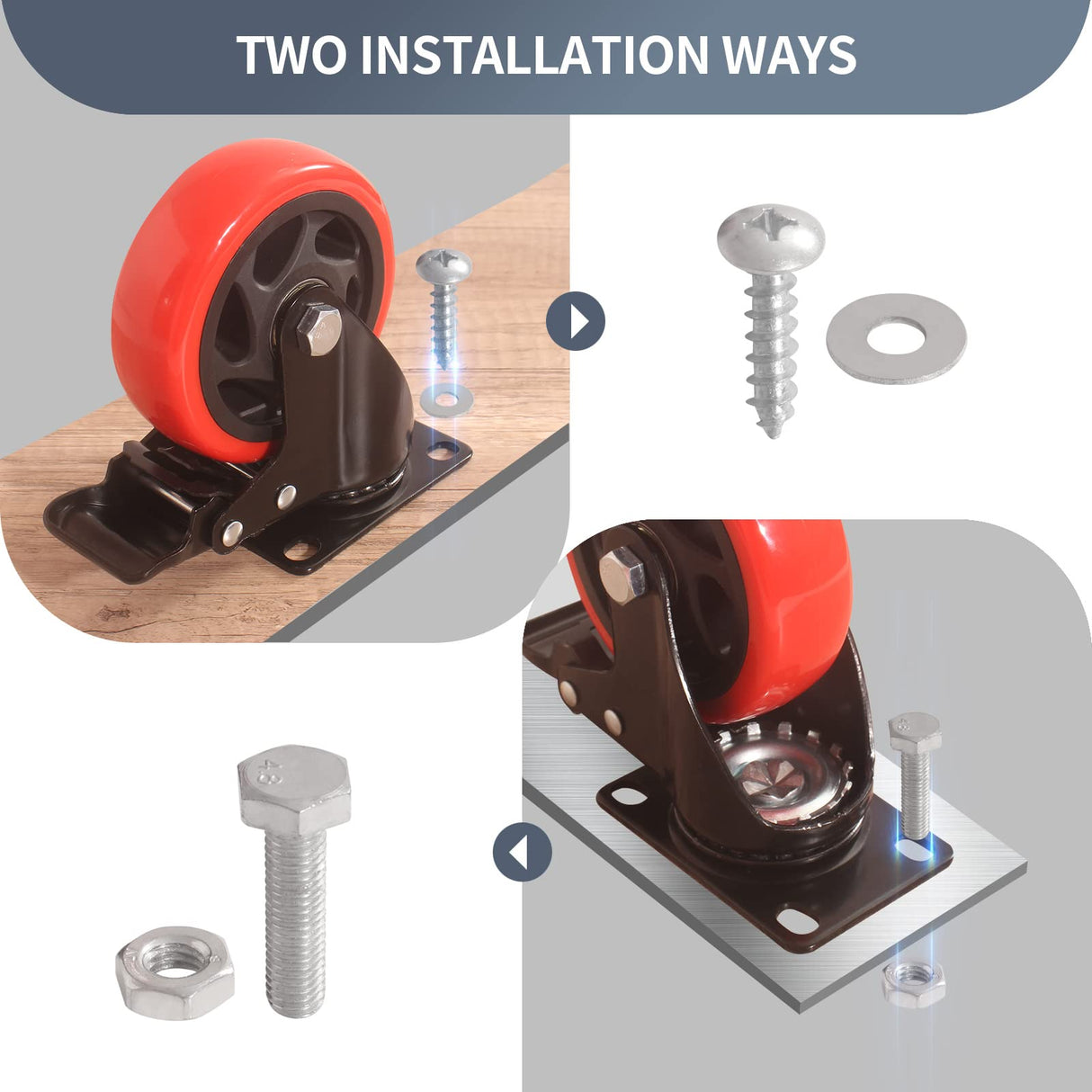 5 Inch Caster Wheels with Brake, Casters Set of 4 Heavy Duty 2000LBS, Safety Dual Locking Industrial Casters, Polyurethane Foam No Noise Wheels for Cart, Workbench(Two Hardware Kits Provided) Ashxakv