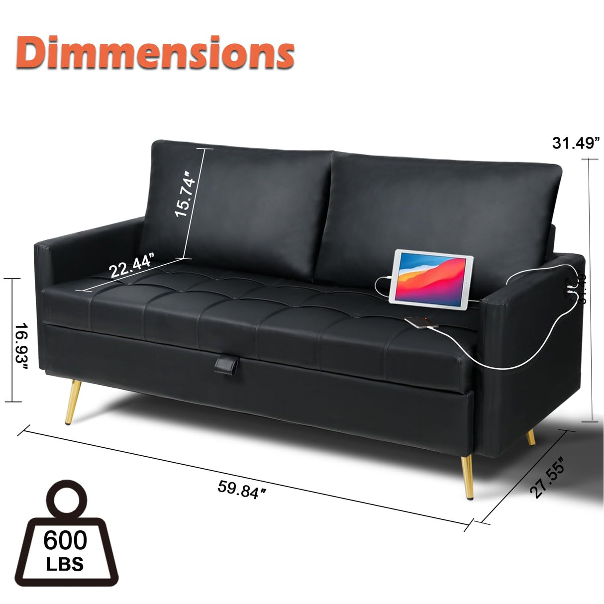 LINLUX 60" W Black Leather Couch with Storage, Loveseat Sofa Couches for Living Room, Bedroom, Office, Dorm, Comfy Cushion, 2 USB Charging Ports LINLUX