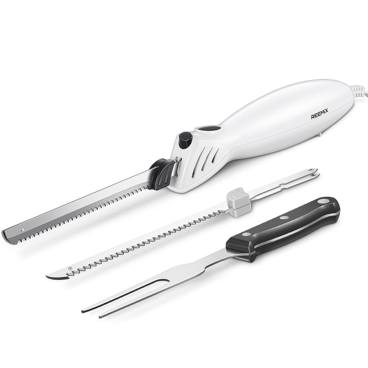 Reemix Electric Knife, Z3042 Electric Knife Set for Carving Meats, Poultry, Bread, Crafting Foam & More, 2 Blades for Meats & Bread, Fork Included (White) Reemix