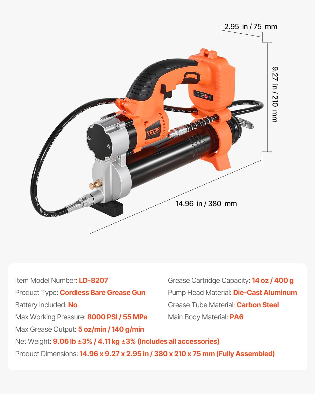 VEVOR Cordless Grease Gun, 8000 PSI Max Pressure, Electric Grease with LED Light & 35.4-inch Hose, Compatible with 18V Makita Battery, Suitable for Greasing Vehicles or Machines(No Battery,Tool Only) VEVOR