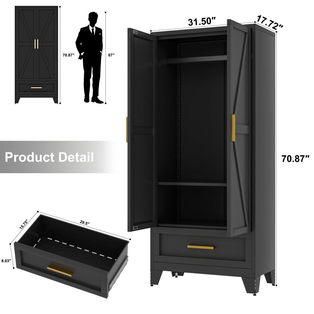 Baborokic Metal Wardrobe Cabinet,71 Armoire Wardrobe Closet with Drawers and Hanging Rod,Metal Armoire with Adjustable Shelves for Closet,Bedroom,Farmhouse Storage Cabinet with Drawer(Black) Baborokic