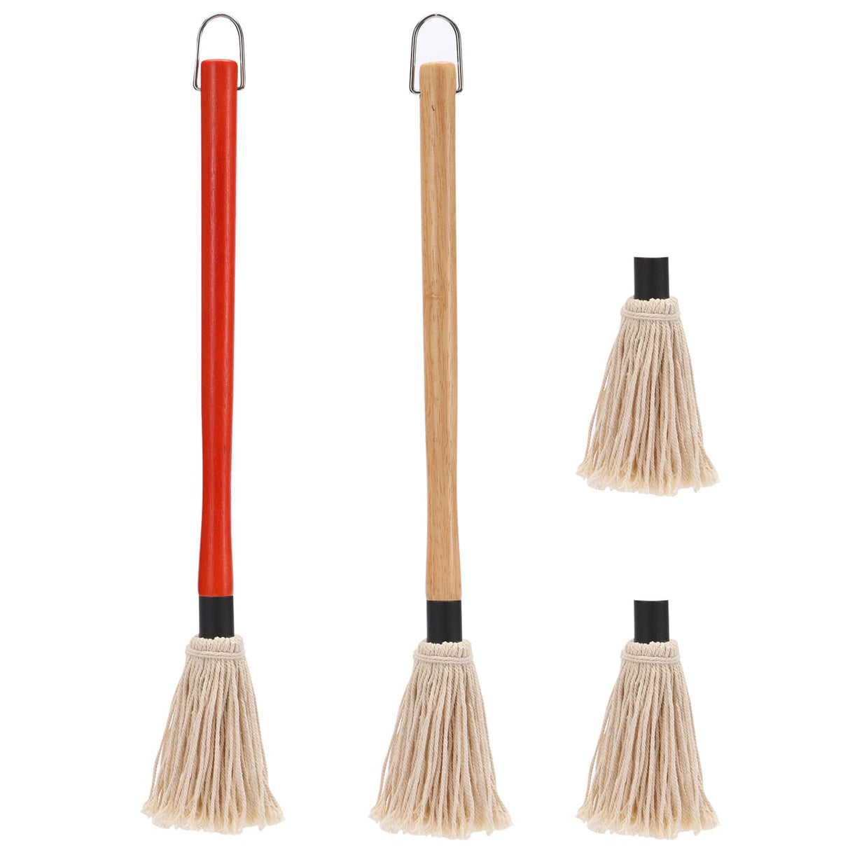 2 Pack 18 inch Grill Basting Mop with Wooden Long Handle and 2 Extra Replacement Brushes for BBQ Grilling Smoking Steak (Nature Wood & Brown) Theuzi