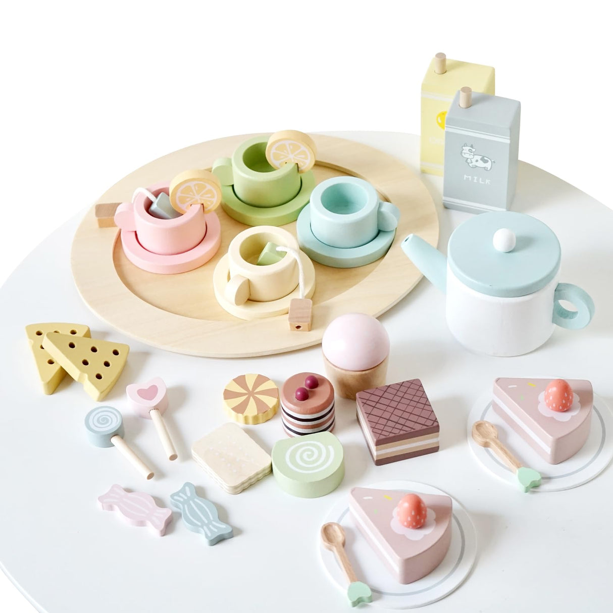 Smartwo Wooden Tea Party Set for Little Girls, 30 PCS Wooden Tea Set for Toddlers 1-3, Pretend Play Kids Wood Tea Set Toy, Play Kitchen Accessories with Play Food, Improve Imagination Smartwo