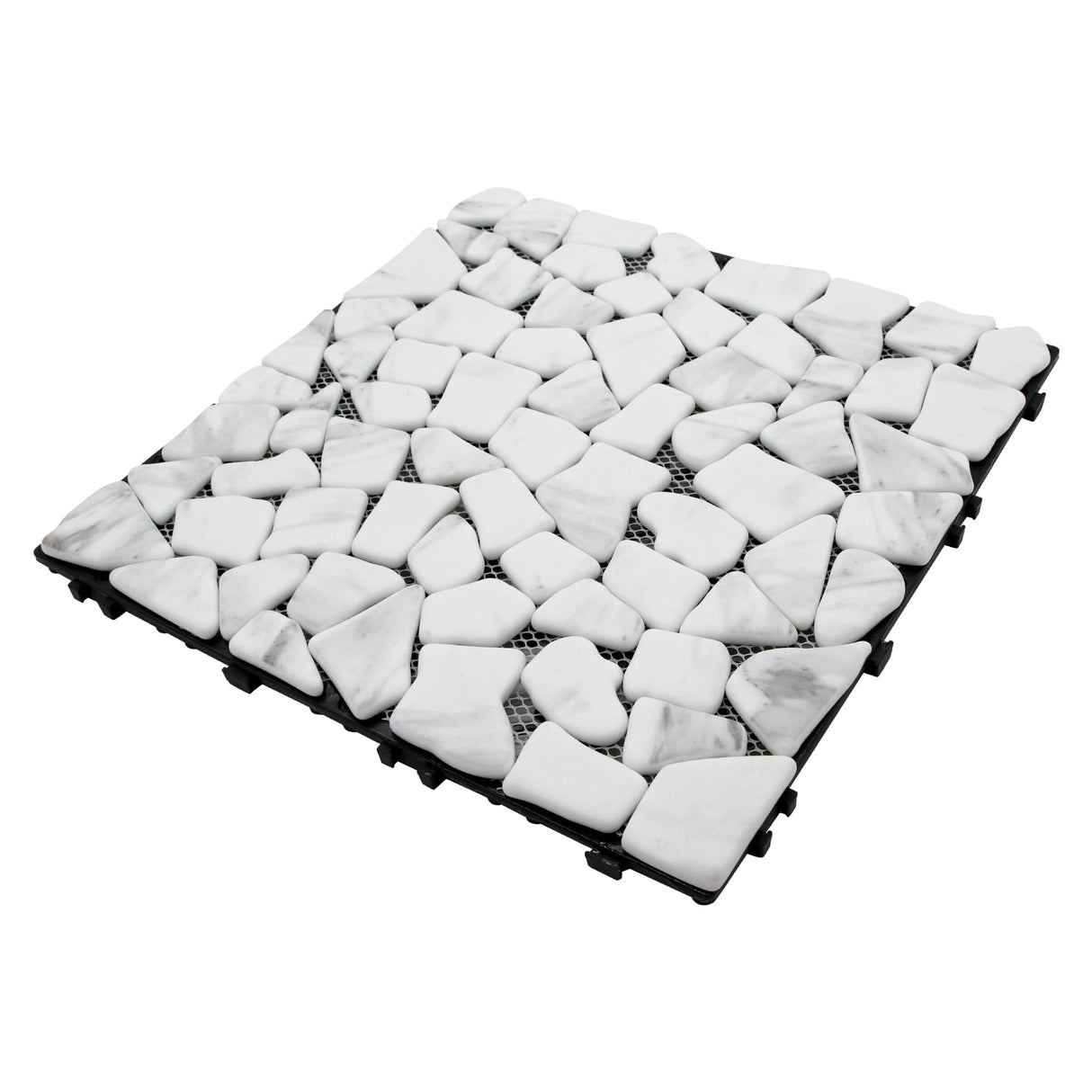 SUNWINGS 4PCS Natural Stone Interlocking Deck Tiles 12"x12" Pebble Waterproof Patio Deck, Outdoor Indoor Floor Decking Tiles for Porch Poolside Balcony Backyard, Carrara White sunwings