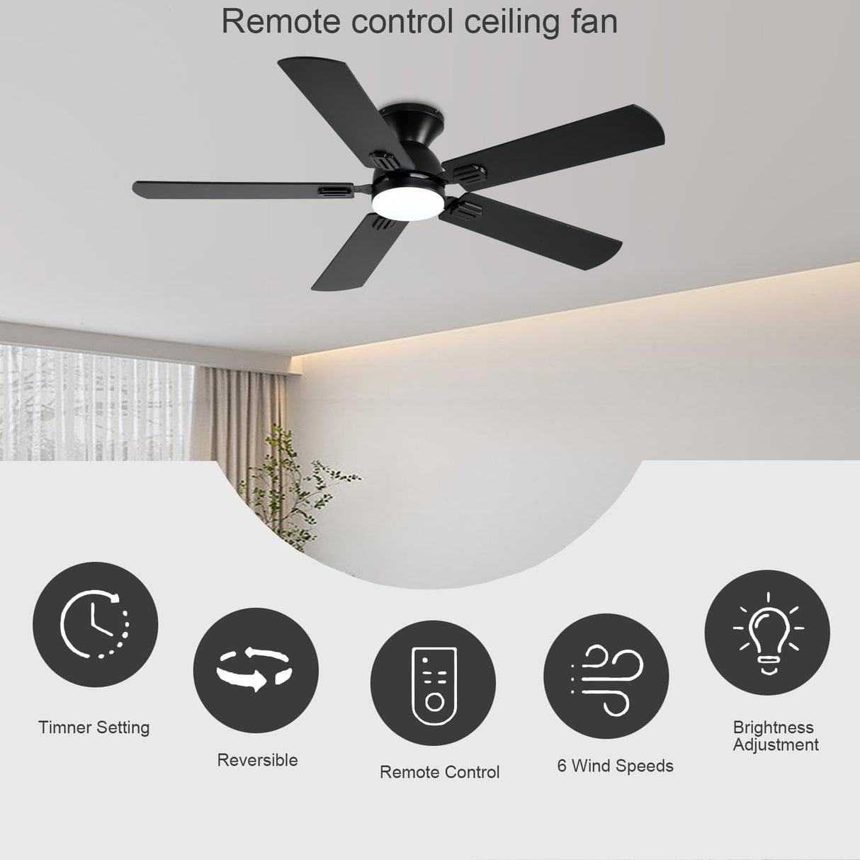 GJeg Ceiling Fans with Lights, 52 Inch Low Profile Ceiling Fan with Light and Remote/APP Control, Noiseless, LED Dimmable DC Reversible 6 Speeds, Flush Mount Black Ceiling Fan for Bedroom GJeg