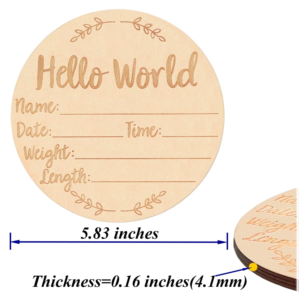 Wooden Baby Announcement Sign, 5.9Inches Hello World Newborn Sign, Double Sided Birth Announcement Sign, Lovely Baby Name Plaques for Photo Prop Baby Shower Hospital Nursery Gift. ATOPXiNG