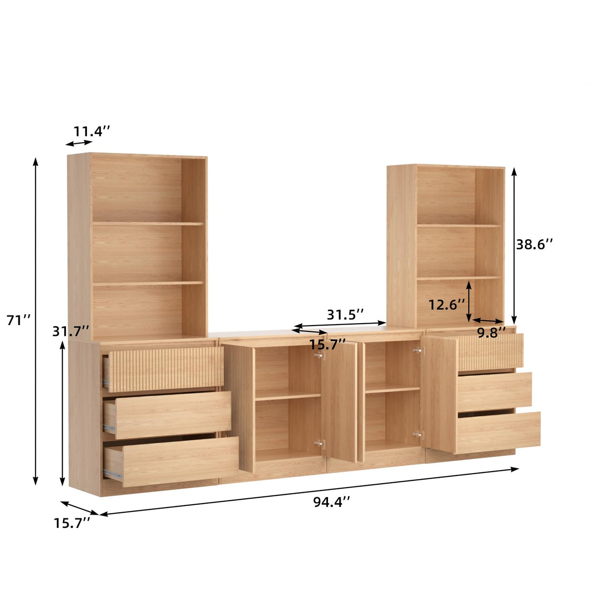 TUSY 4-Piece Large TV Stand with Bookshelves for TVs up to 75", TV Hutch with Tempered Glass Doors and Shelves, TV Entertainment Center Media Center with 2 Tall Cabinets for Living Room (B+2G+B) TUSY