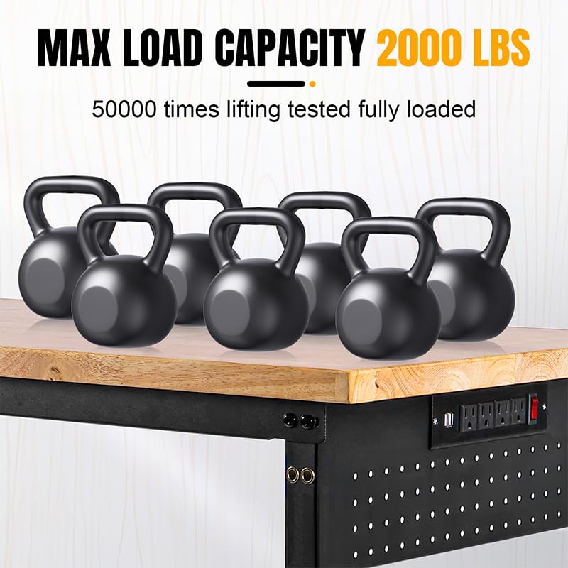 MUWOOD 48" L×24”W Adjustable Workbench, 28”-40”Heights Heavy Duty Table 2000 LBS Load Capacity, Work Bench with Power Outlet & Pegboard, Rubber Wood Work Table for Garage, Office, Workshop, Home MUWOOD