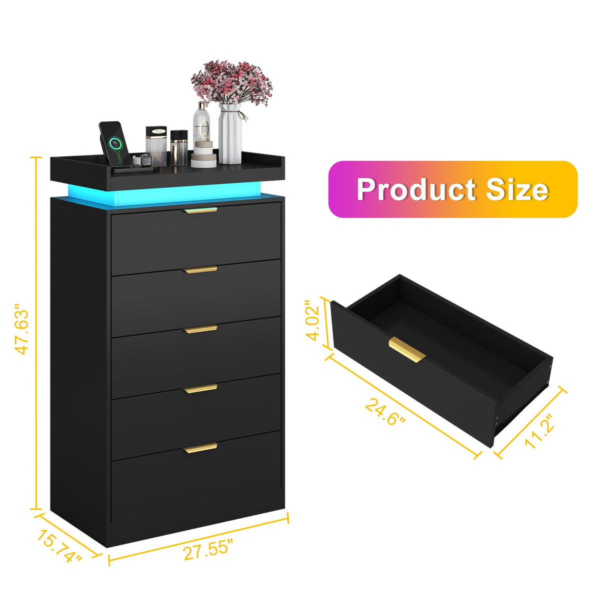 knoworld Tall Dresser for Bedroom, Black Dresser with LED Lights, Wood 5 Drawer Chest with Power Outlet, Modern Chest of Drawers for Bedroom, Living Room, Entryway, Hallway knoworld