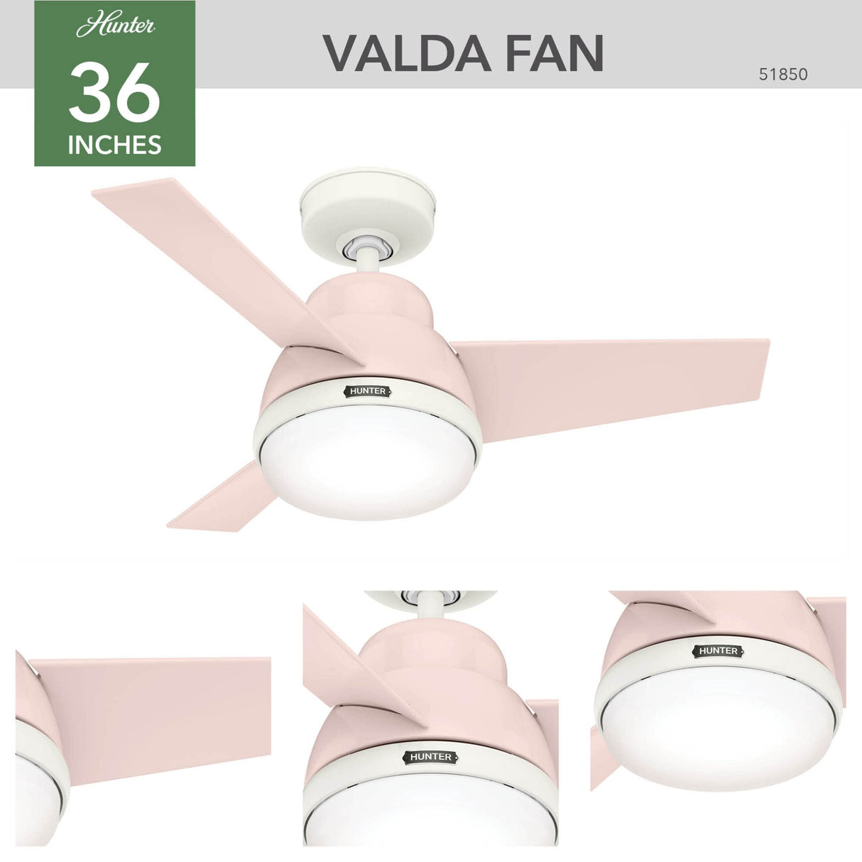Hunter Valda Indoor Ceiling Fan with LED Light and Remote Control, 36", Blush Pink Hunter