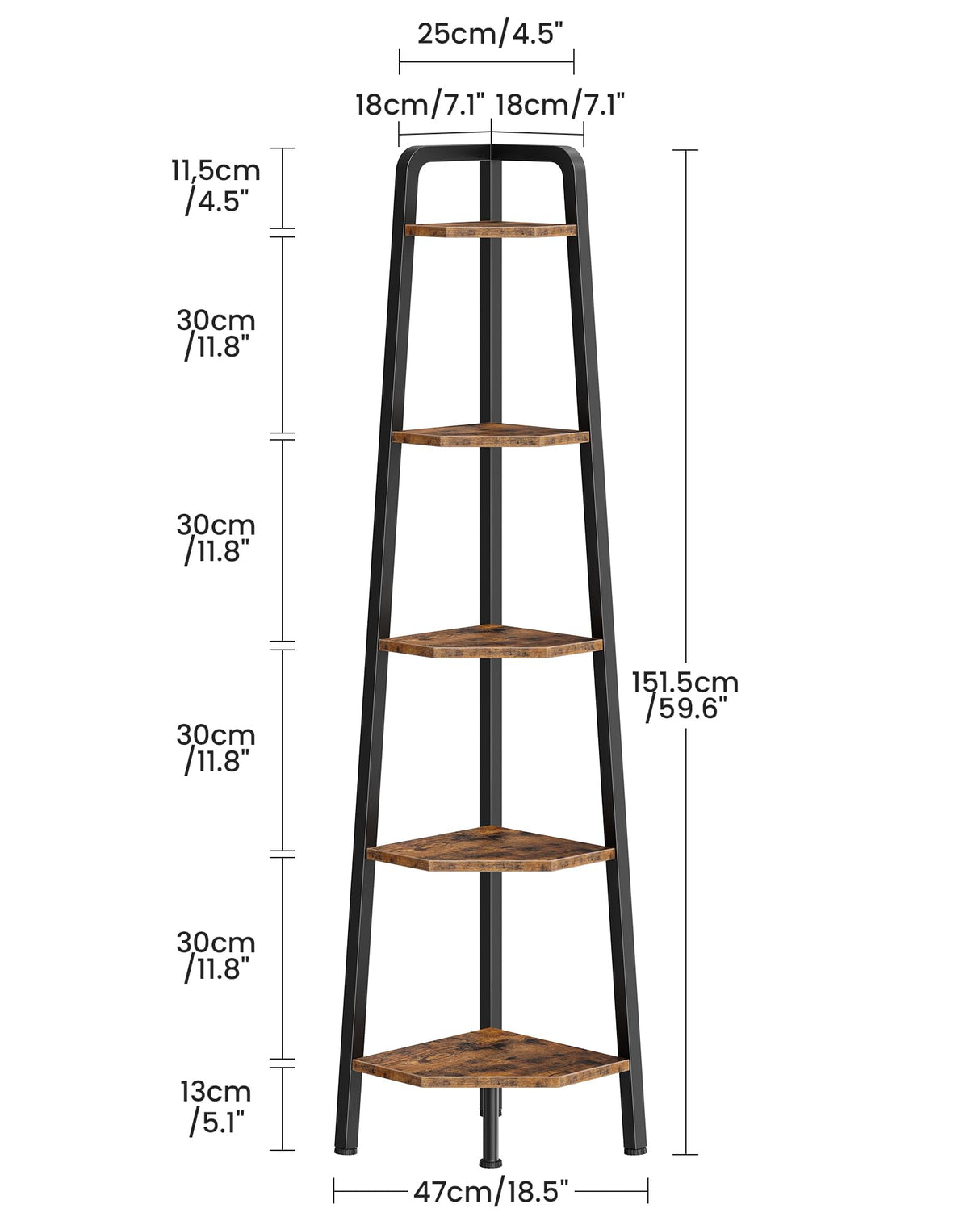 CHOEZON Corner Shelf, 5-Tier Ladder Corner Shelf, Ladder Bookshelf, 59.6" Tall Vertical Display Stand, Metal Frame Bookshelf, for Living Room, Bedroom, Kitchen, Rustic Brown and Black TCJ20BF