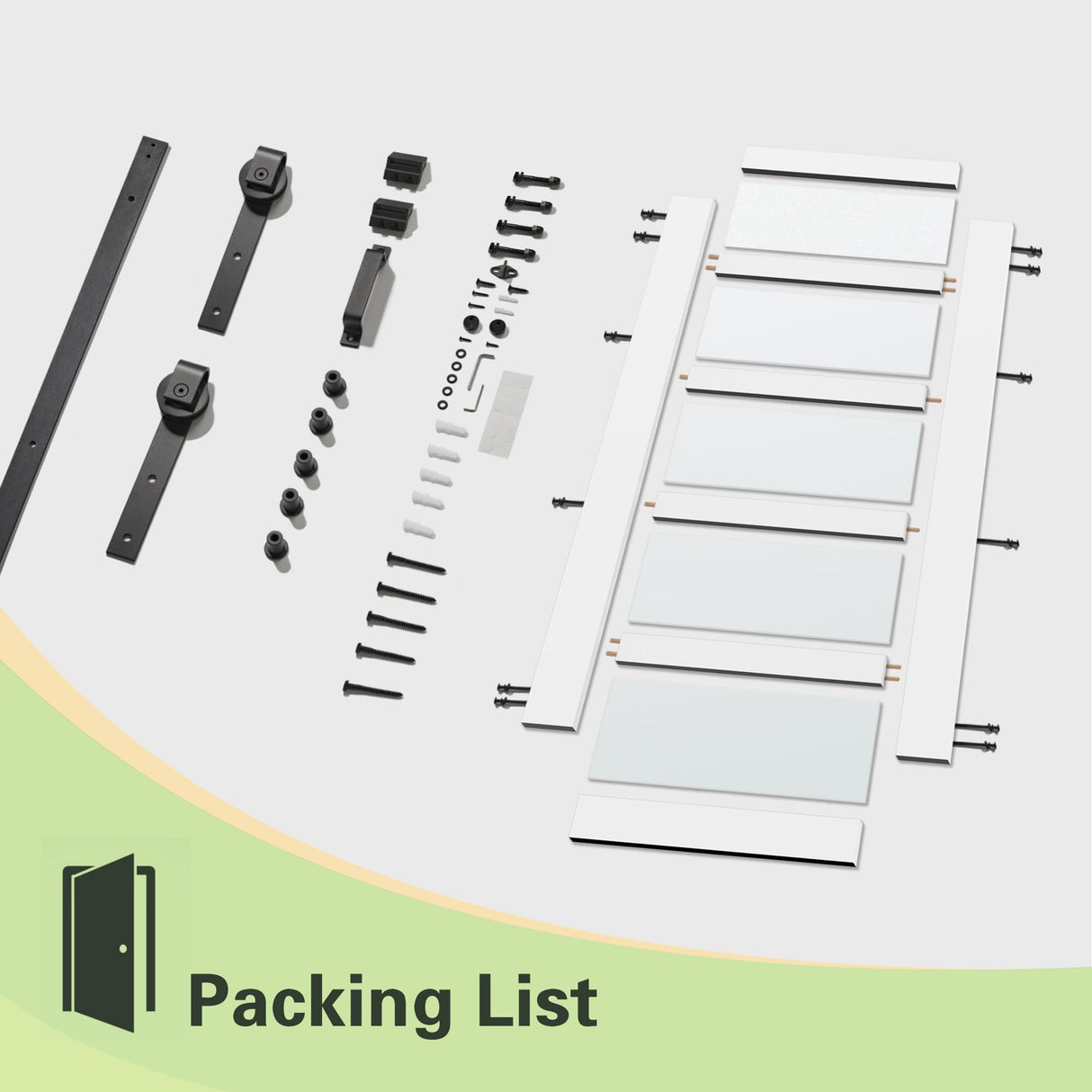 Lakenyon 42in x 84in Glass Barn Door with 6.98 Ft Sliding Door Hardware Kit, Handle, 5-Panel Frosted Glass, Solid Wood & MDF White-Primed Barn Door Panel, Pre-Drilled, Easy to Assemble Lakenyon