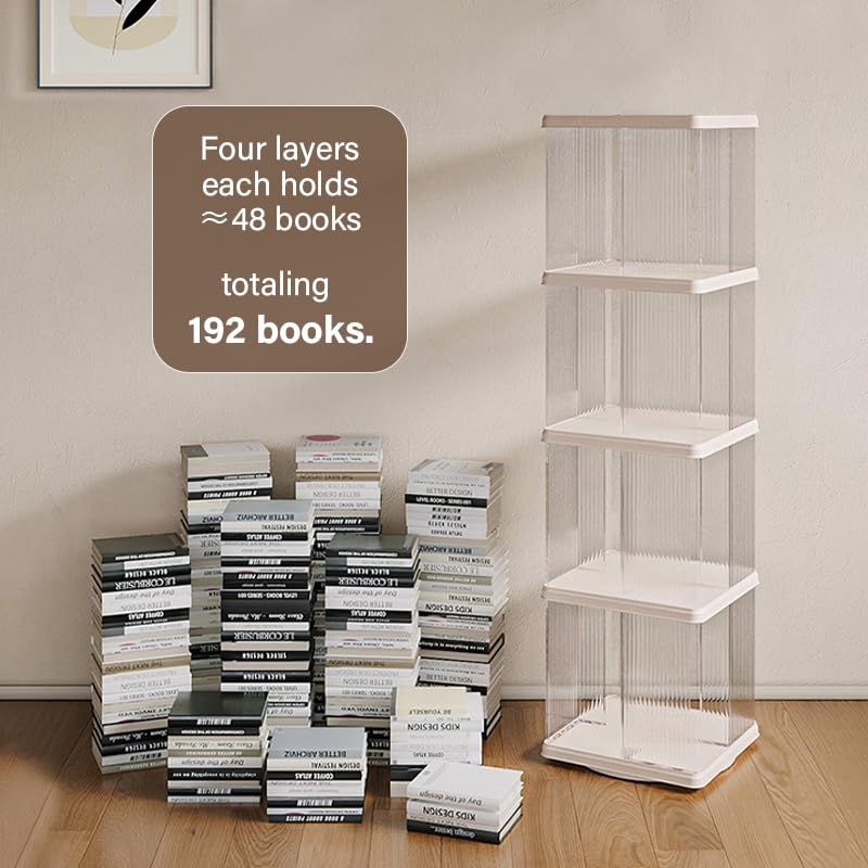 SYNCVIBE 4 Tier Rotating Bookshelf, Small Corner Bookshelf for Small Space, 360 Display Floor Standing Bookcase, Plastic Narrow Book Organizer Shelf for Bedroom, Living Room, Round, White SYNCVIBE