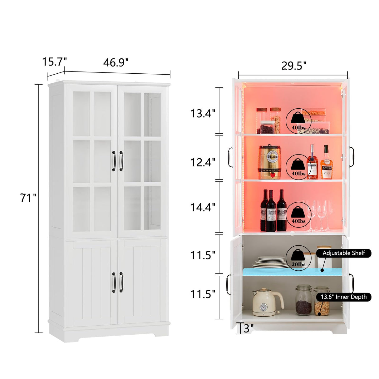 LUXOAK 71" Tall Bookshelf with Doors, LED Display Cabinet with 5-Tier Storage Shelves, White Bookcase for Study/Home Office/Living Room, 4-Door LUXOAK