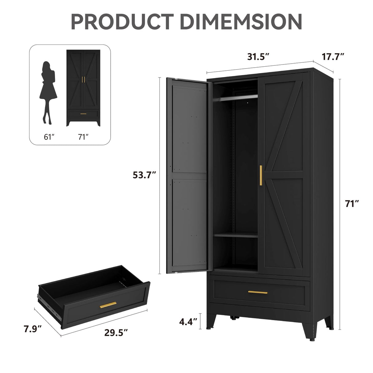XIOMIOHTRQ Metal Wardrobe Cabinet, 71" Tall Armoire Wardrobe Closet with Drawer, Farmhouse Clothing Storage Cabinet for Bedroom, Laundry (Black, 1 Drawer) XIOMIOHTRQ