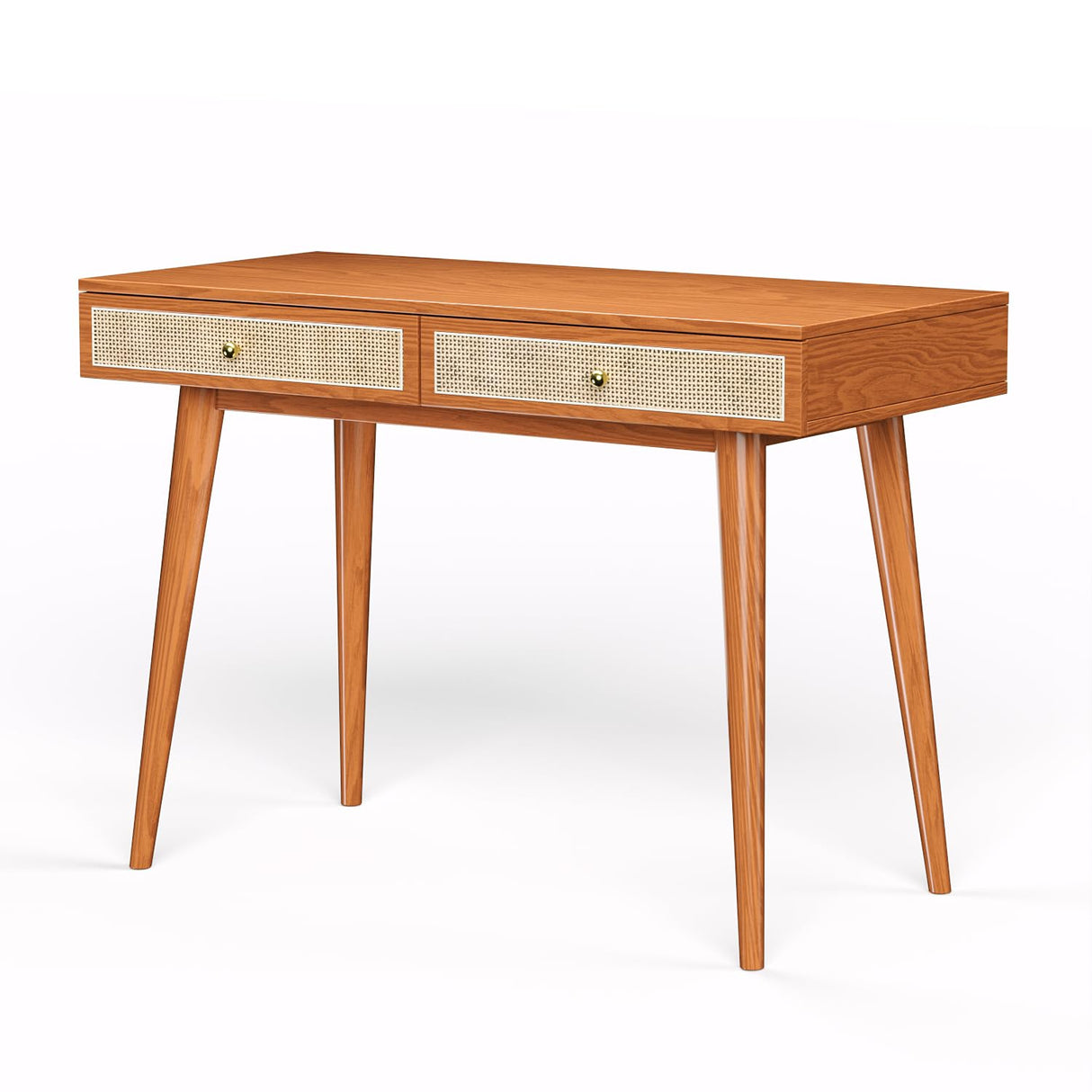 Longcoam Design Mid-Century Modern Solid Wood Desk with Drawers – 45 inch Small Boho Rattan Writing Desk for Home Office, Minimalist Design Natural Wood Table for Workspace Elegance Longcoam Design