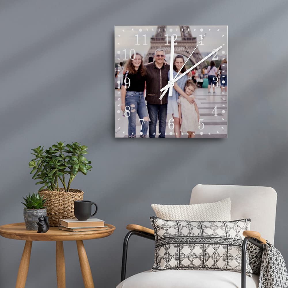 Custom Wooden Wall Clock with Photo Image Pictures, Personalized Square Wood Clock for Wall 10x10 Inch, Farmhouse Home Decorations for Bedroom Living Room Non-Ticking Wall Clock Add Family Name WoodArtSupply