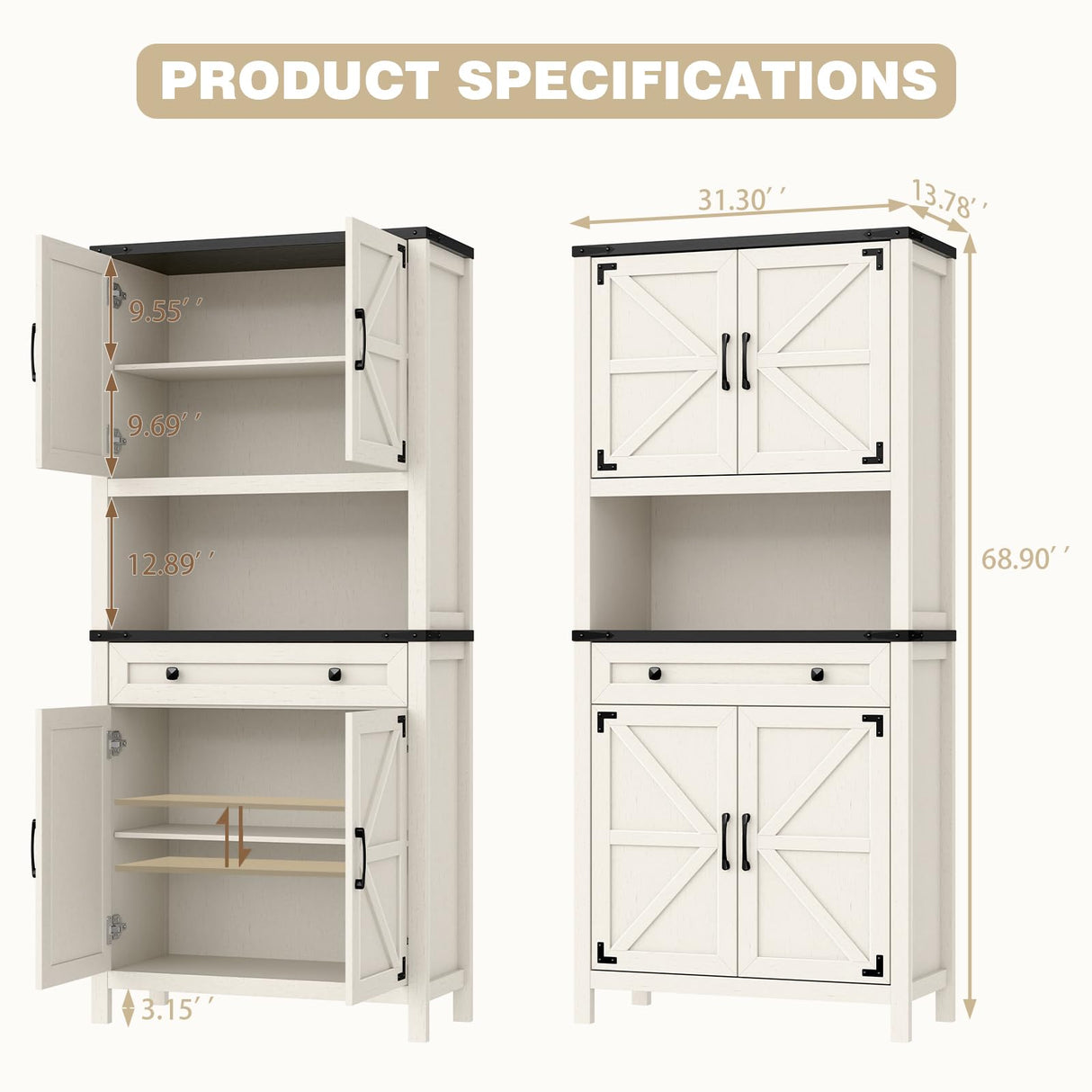 Befrases 72" H Tall Farmhouse Storage Cabinet with Drawer, 6 Tier Kitchen Pantry Organize with 4 Barn Door and Adjustable Shelf, Microwave Stand for Kitchen, Garage, Living, Utility Room, Black Befrases