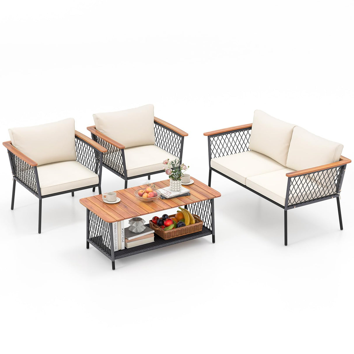 Tangkula 4 Piece Patio Furniture Set, Patiojoy Rattan Chair Set w/ 2-Tier Coffee Table, Acacia Wood Armrests & Tabletop, Soft Seat & Back Cushions, Outdoor Wicker Conversation Set Tangkula