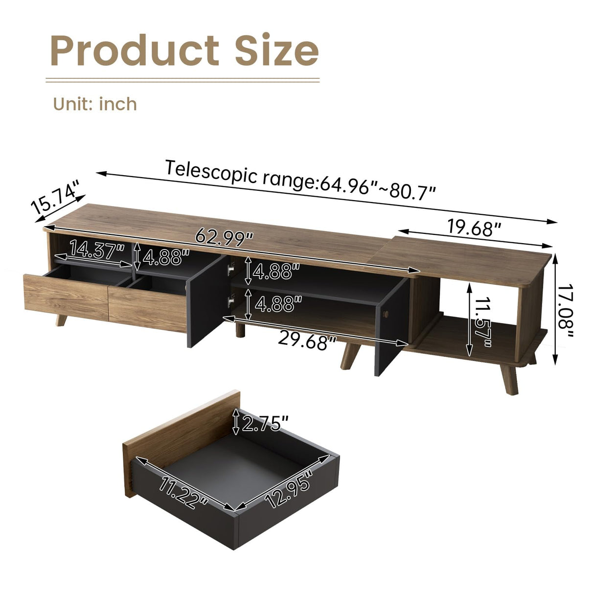 GlimBiz Extendable TV Stand, Mid Century Modern TV Stand for 55/60/65 inch TV, Farmhouse TV Stand, Entertainment Center with Storage, TV and Media Consol for Living Room GlimBiz