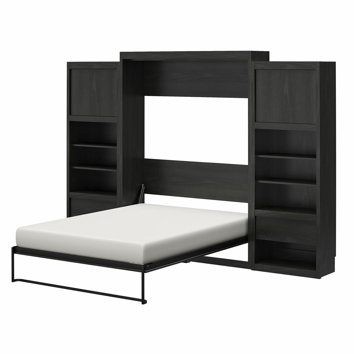 REALROOMS Halstead Queen Size Murphy Bed with 2 Nightstand Cabinets, Space-Saving Fold-Out Wall Bed with Open Shelving and Concealed Storage for Bedroom or Guest Room, Black Oak REALROOMS