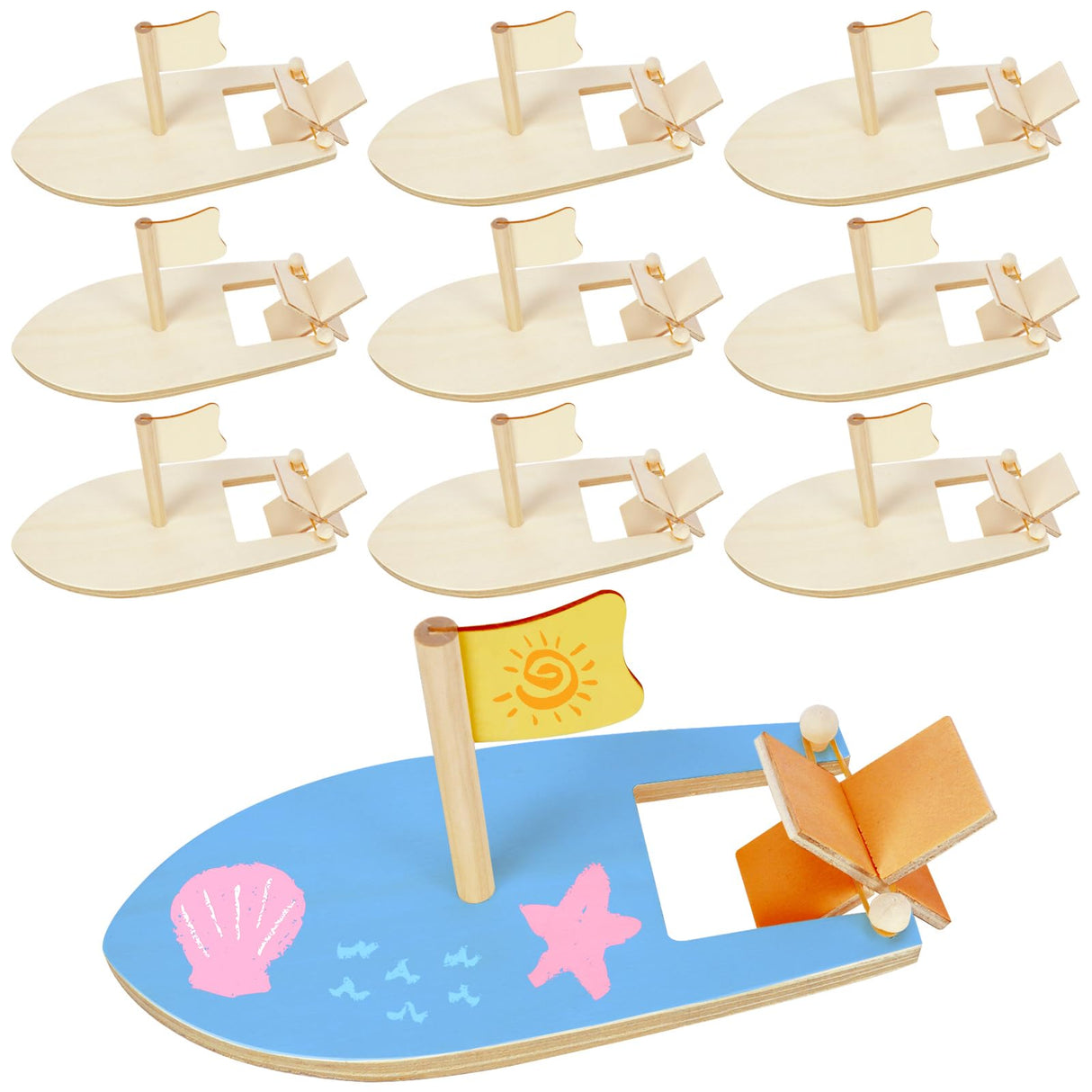 Amersumer 10 Pcs DIY Toy Wood Boat Craft Kits, Mini Wooden Sailboat Kits, Paddle Boats Paint and Decorate for School Projects, Make Your Own Sailboat Craft Amersumer