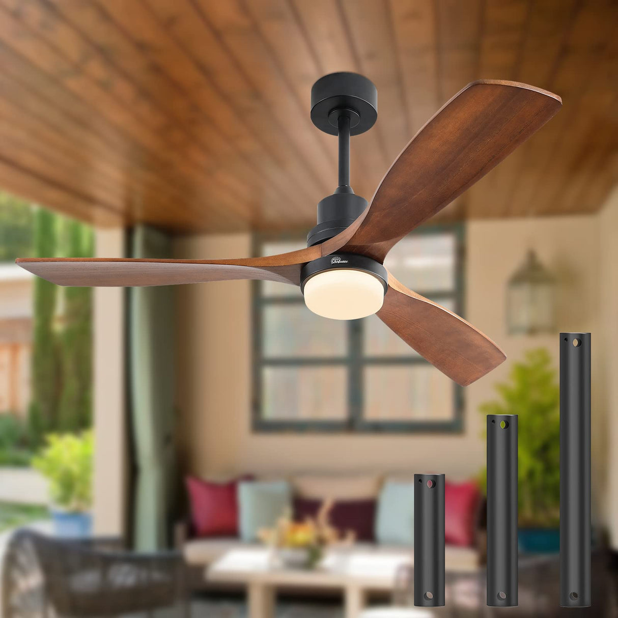 Sofucor 52 Inch Ceiling Fans with Lights and Remote Control, 3 Down Rods Outdoor Ceiling Fan with Light, Dimmable LED Light, Noiseless Motor & 3 Reversible Wood Blades Sofucor