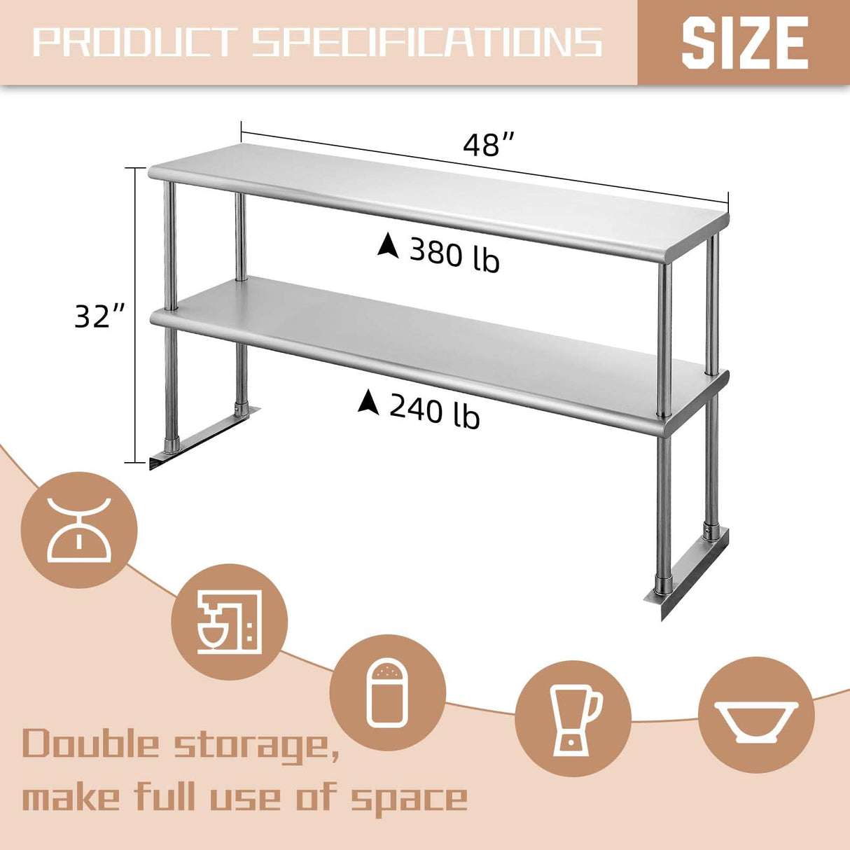 Hally Double Overshelf of Stainless Steel 12'' x 48'' Weight Capacity 380lb, Commercial 2 Tier Shelf for Prep & Work Table in Restaurant, Home and Kitchen HALLY SINKS & TABLES H