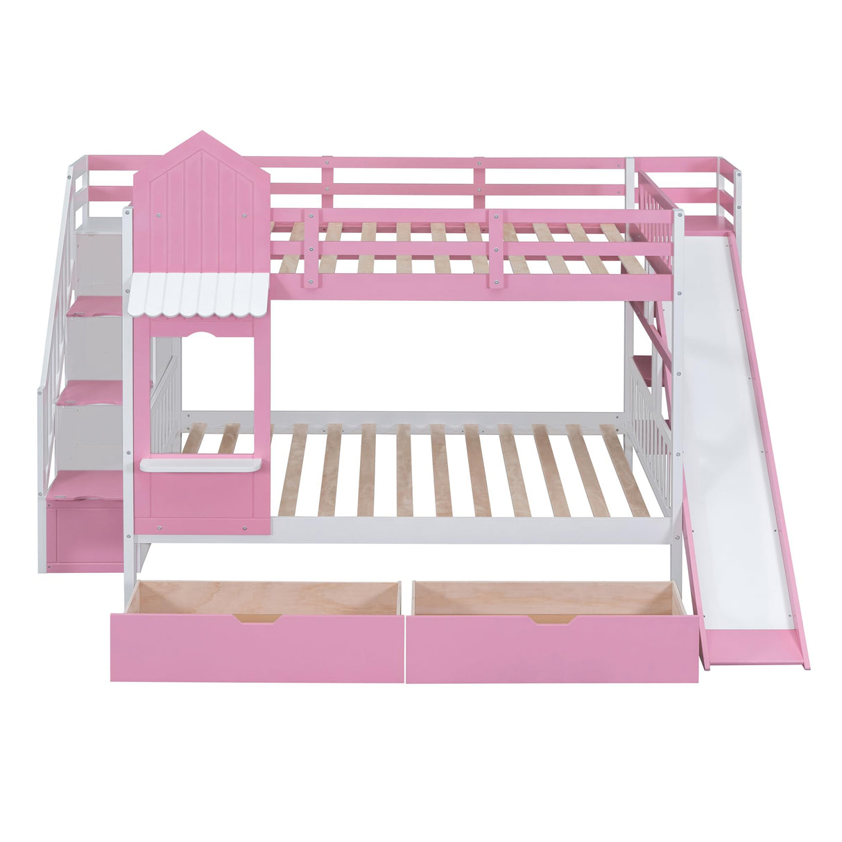 Kids Full Bunk Bed with Stairs and Slide, Wood Full Over Full Bunk Bed with Storage Drawers and Shelves, Castle Style Bunk Beds for Kids Teens Girls Boys, Pink Bellemave