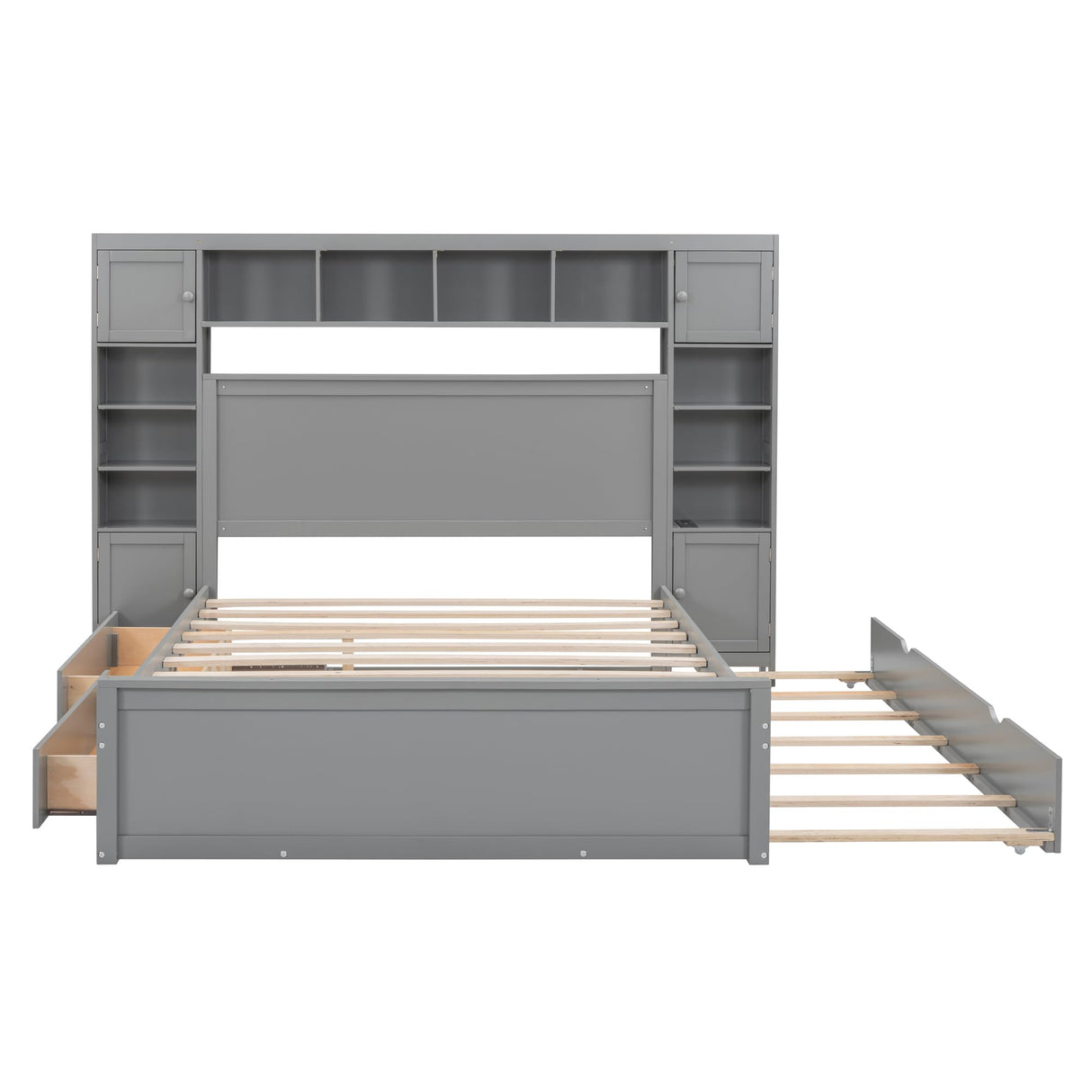 Queen Storage Bed with Bookcase Headboard, Queen Size Platform Bed with Trundle and 2 Storage Drawers, Solid Wood Queen Size Bed Frame with Cabinet and Shelf, No Box Spring Needed (Gray) Harper & Bright Designs