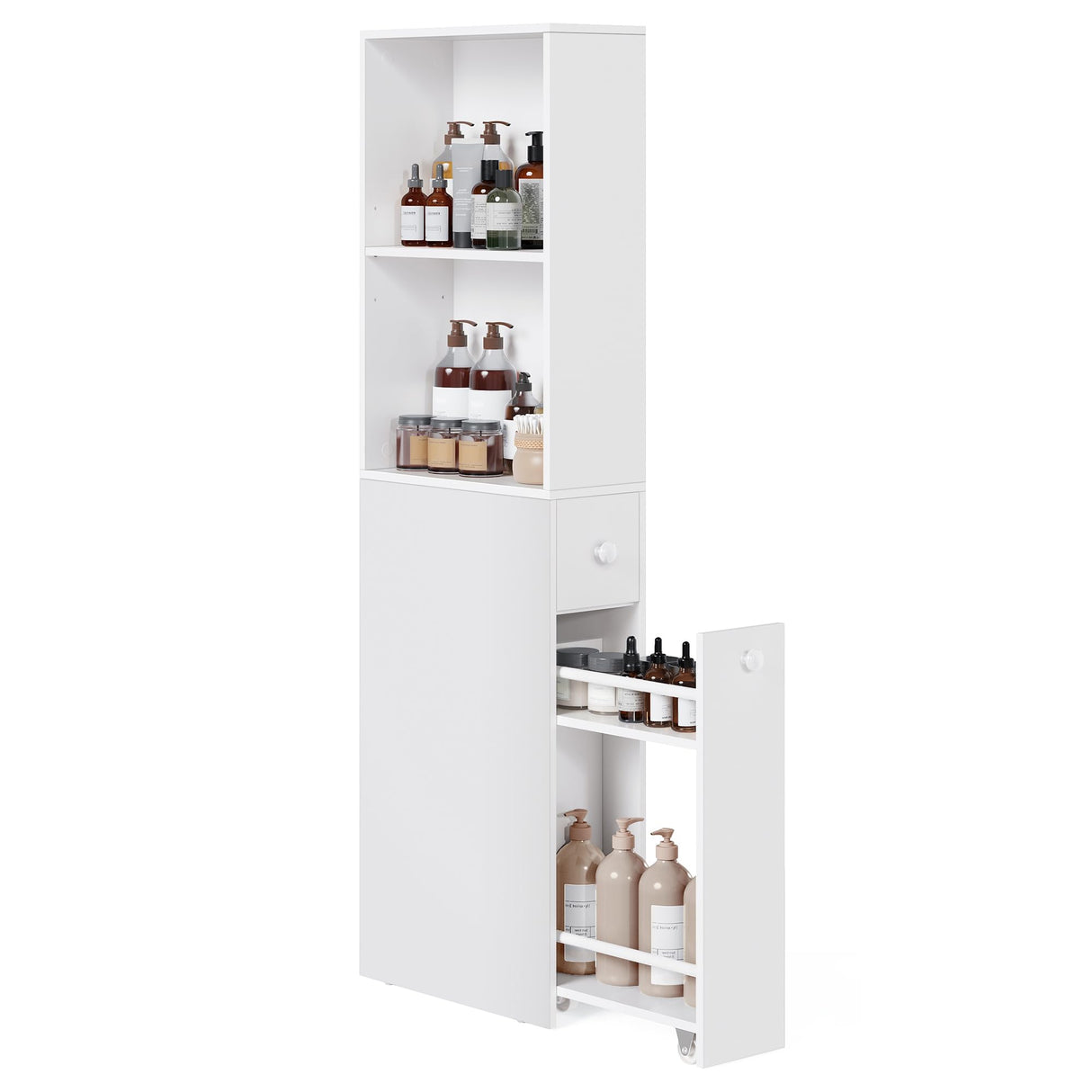 VASAGLE Slim Storage Cabinet, Narrow Freestanding Cabinet with Drawers and Adjustable Shelf, Modern Linen Tower for Living Room Bathroom Bedroom, White UBBK567T14 VASAGLE