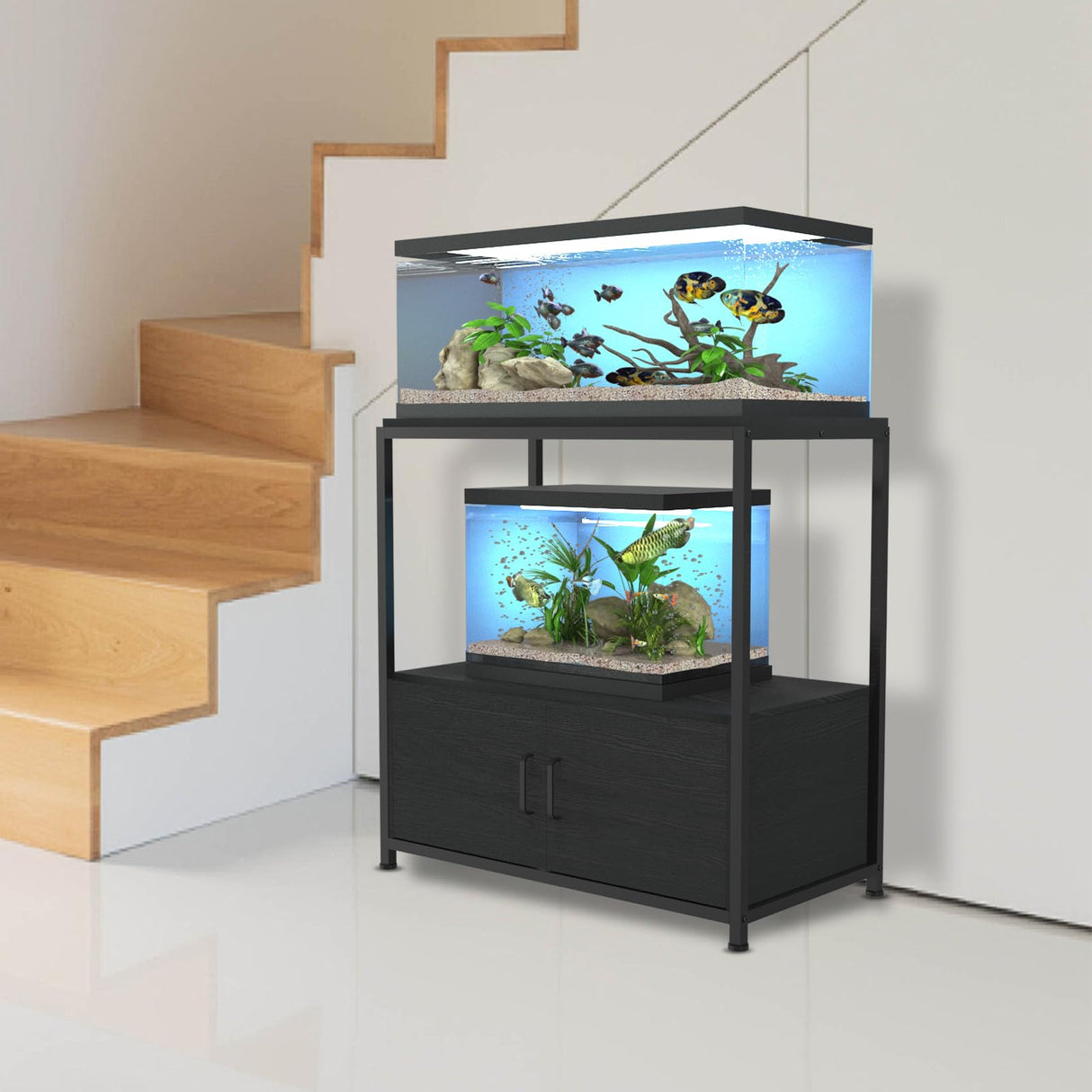 VANVERB Fish Tank Stand for 20-29 Gallon Aquarium, Heavy Duty Metal Wood Aquarium Stand with Cabinet Accessories Storage, Black VANVERB