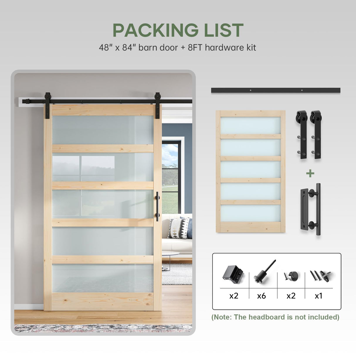 ROYMELO 48x84 inch Glass Sliding Barn Door Slab with 8ft Hardware Kit Included, 5-Panel Frosted Glass, Spruce Wood Support DIY Dyeing, Easy Assembly ROYMELO