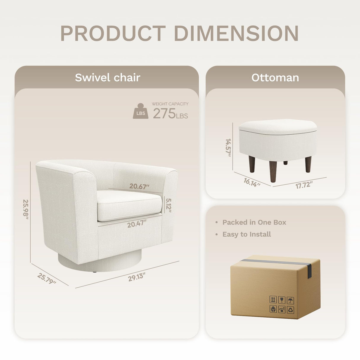 COLAMY Upholstered Swivel Barrel Accent Chair with Ottoman, Modern Single Sofa Lounge Armchair Club Chair with Storage Space for Living Room Bedroom Office, Beige COLAMY